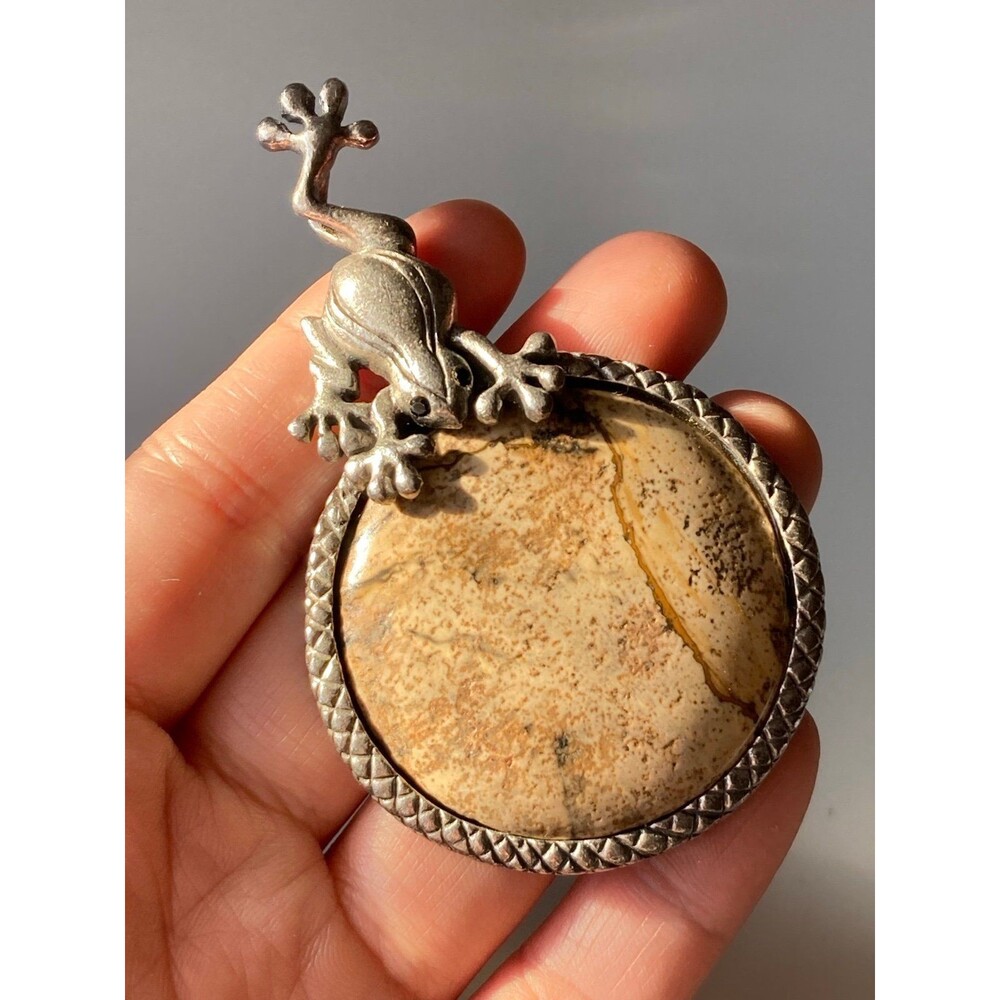 Silver tone huge natural jasper frog pendant